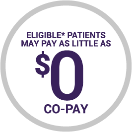 Circle with "ELIGIBLE* PATIENTS MAY PAY AS LITTLE AS $0 CO-PAY" in center