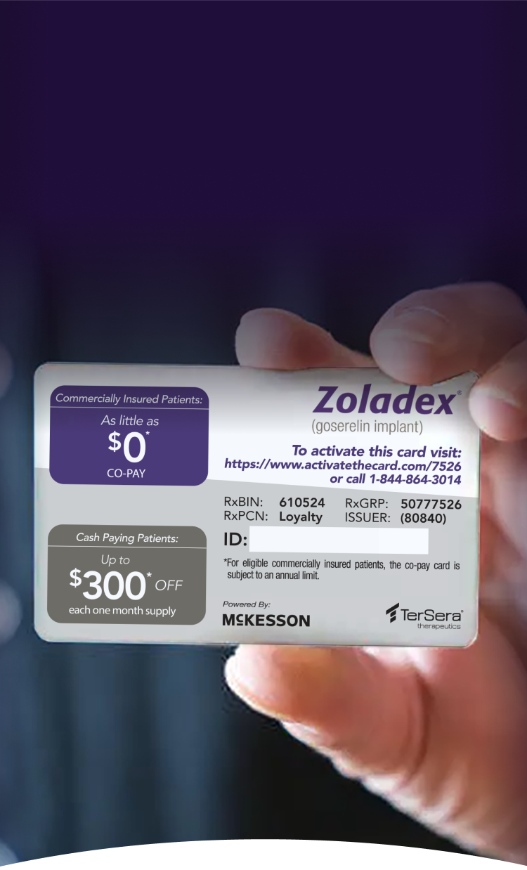 Woman's hand holding the ZOLADEX goserelin implant co-pay card