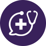 Icon of stethoscope with tube forming into a chat bubble and a medical cross in the center of the chat bubble